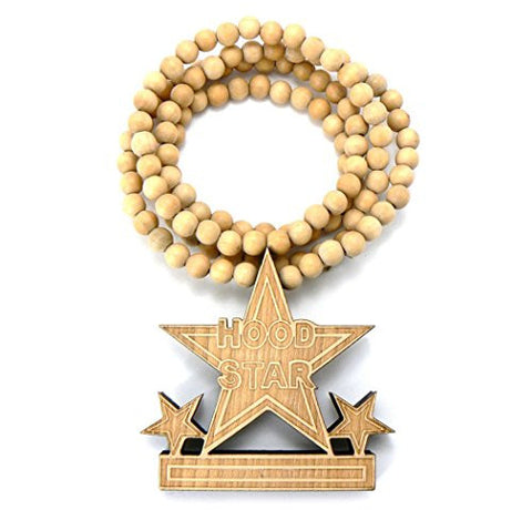 Hood Star 3 Star Wood Pendant 36" Wooden Bead Chain Necklace in Natural-Tone WX19NL