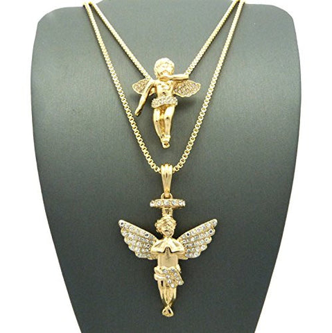 Pave Floating Angel & Halo Angel Pendant Set 2mm 24" & 30" Box Chains in Gold-Tone