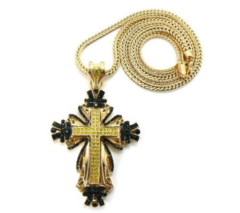 Gold/Black/Yellow Tone Medieval Style Cross Pendant w/ 36" Franco Chain