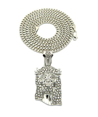 Iced Out Jesus Face Pendant 3mm 30" Diamond Cut Cuban Chain Necklace in Silver-Tone