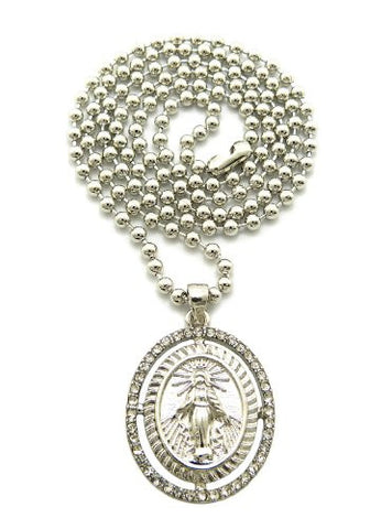 Saint Mary Halo Paved Oval Micro Pendant 27" Ball Chain Necklace in Silver-Tone MMP21R