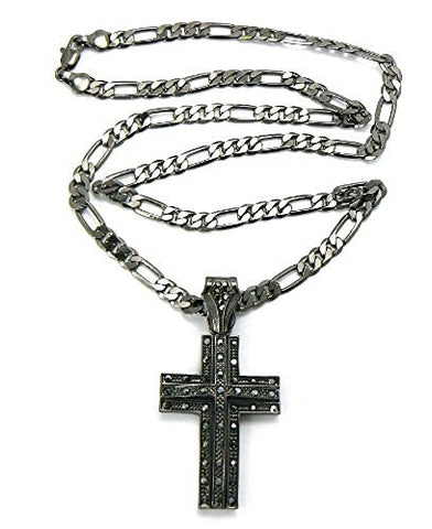 Hematite Tone Mini Elevated Cross Pendant w/ 5mm 24" Figaro Chain