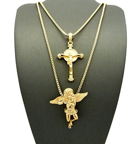 Celtic Cross with Solitaire Angel Pendant Box Chain Necklace