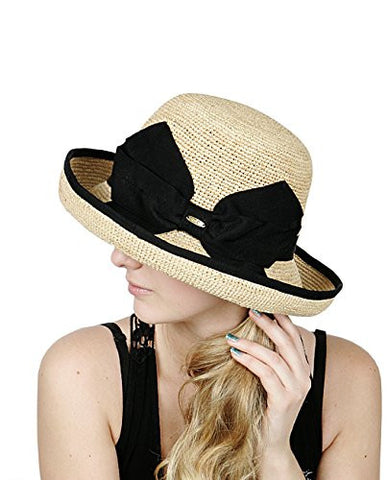 NYfashion101 Women's Black Bow & Band Accent Raffia Straw Weaved Brim Sun Hat