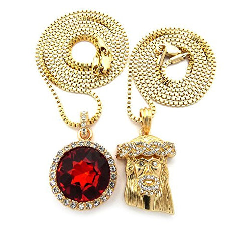 Micro Round Faux Ruby Stone & Pave Crown Jesus 2mm 24" 30" Box Chain Necklace Set - Gold-Tone