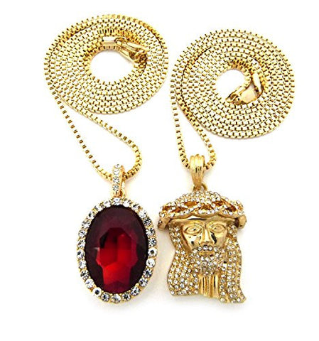 Micro Oval Faux Ruby Stone & Pave Jesus Pendant 2mm 30" Box Chain Necklace Set - Gold-Tone