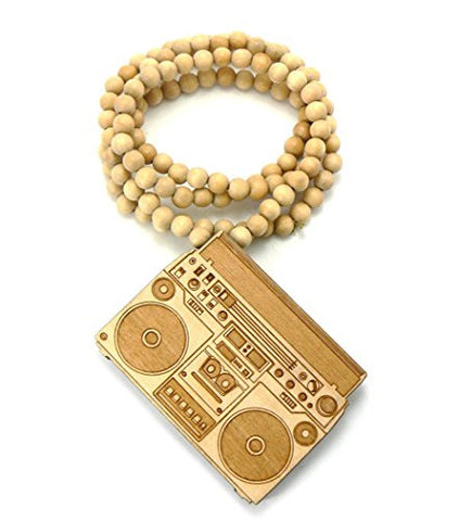Wood Blaster Pendant 36" Wooden Bead Chain Necklace in Natural-Tone WX21NL