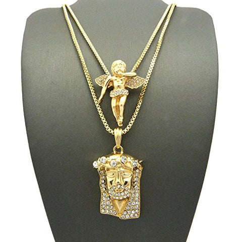 Rhinestone Crown Jesus & Pave Float Angel Pendant Set w/ 24" 30" Box Chains in Gold-Tone