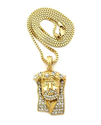 Rhinestone Crown Jesus Pendant 2mm 30" Box Chain Necklace in Gold-Tone