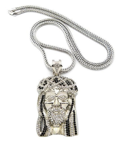 Black/Clear Silver Tone Jesus Pendant w/ 36" Franco Chain MP474R-BKCR