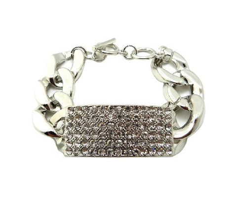 Celebrity Style Rhinestone ID Charm Bracelet in Silver-Tone