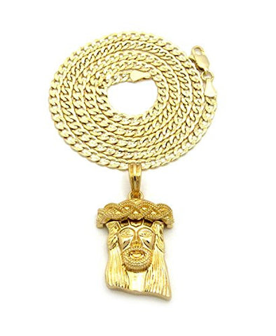 Gold-Tone Jesus Face Micro Pendant 4mm 24" Concave Diamond Cut Cuban Chain Necklace