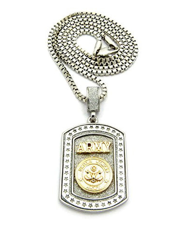 U.S. Army Two-Tone Dog Tag Pendant 2.5mm 24" Box Chain Necklace
