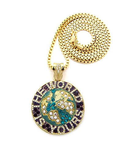 The World is Yours Pave Mini Globe Pendant with 3mm 30" Box Chain - Aqua/Plum/Gold-Tone
