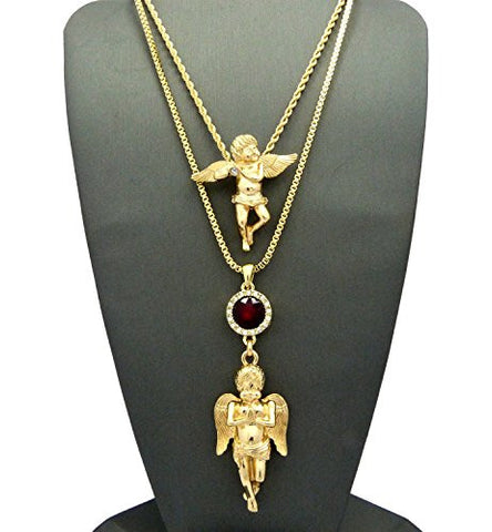 Polished Solitaire/Praying Angel & Faux Ruby Stone Pendant w/ 2mm Multi Chain Necklaces in Gold-Tone