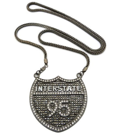 Iced Out Hematite Tone Interstate 95 Pendant w/ 4mm 36" Franco Chain RC89HE