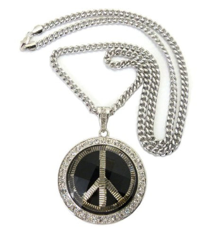 Peace Sign Pave Faceted Stone Pendant in Silver Tone w/ 36" Cuban Chain CP44R