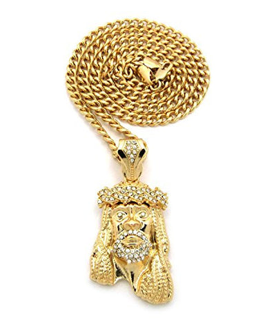 Pave Holy Jesus Pendant 5mm 24" Cuban Link Chain Necklace in Gold-Tone