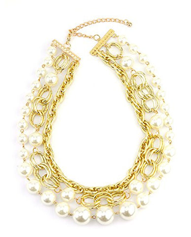 Three Row Link Chain Faux Pearl Necklace in Gold Tone INC3034G