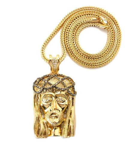 Gold/Hematite Tone Crown of Thorns Jesus Pendant w/ 36