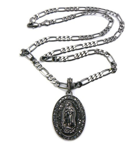 Oval Saint Mary Pendant w/ 5mm 24" Figaro Chain in Hematite Tone MSP154HE