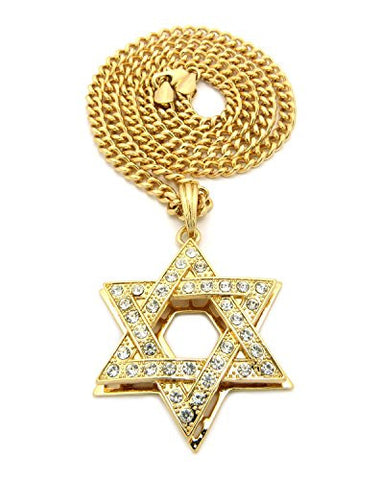Iced Out Hollow Star of David Micro Pendant with 5mm 24" Cuban Link Chain Necklace in Gold-Tone
