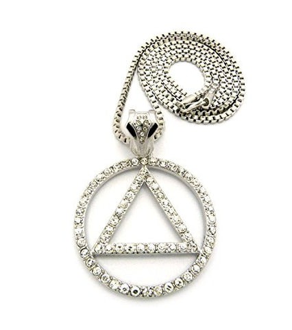 Pave Triangle in Circle Rapper Pendant 3mm 30" Box Chain Necklace in Silver-Tone