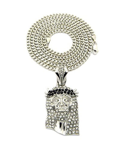Black Stone Stud Jesus Face Pendant 3mm 30" Diamond Cut Cuban Chain Necklace in Silver-Tone