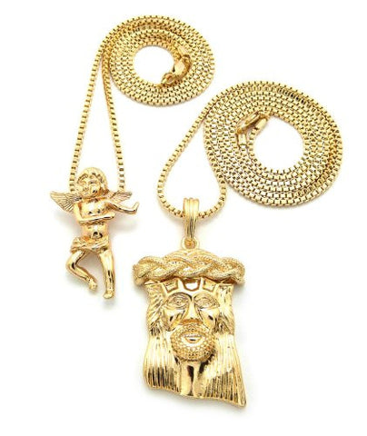 Gold Tone Cherub Angel Jesus Multi Size Micro Pendant Set H w/ 30" Box Chain