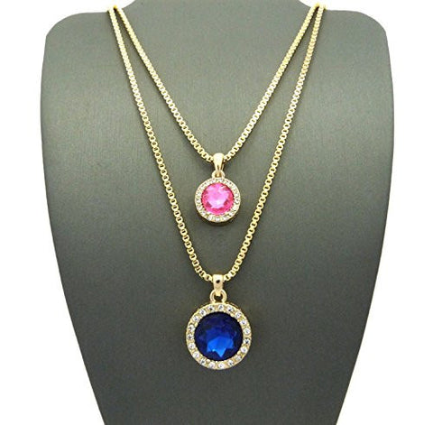 Pave Round Pink & Blue Stone Pendant Set 2mm 24" & 30" Box Chain Necklace in Gold-Tone