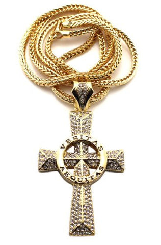 Iced Out Gold Tone VERITAS AEQUITAS Cross Pendant w/ 4mm 36" Franco Chain