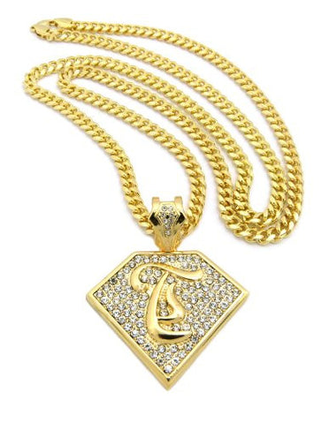 Initial T Iced Out Rapper Pendant w/ 36" Mami Cuban Chain - Gold Tone XP938GMC