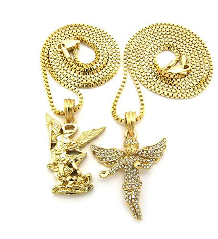 Archangel and Iced Out Big Wing Angel Micro Pendant Necklace Set w/ 24" 30" Box Chains