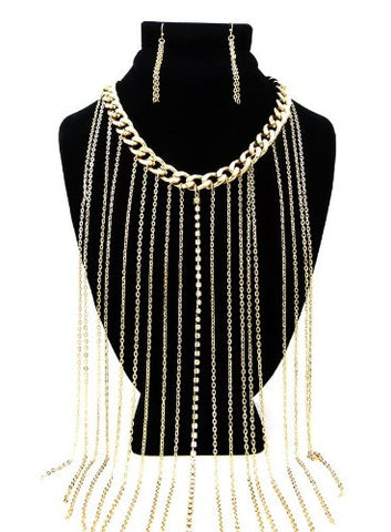 Gold Tone Chain Drop Rhinestone Charm Necklace w/ Earrings DS1024GDCLR