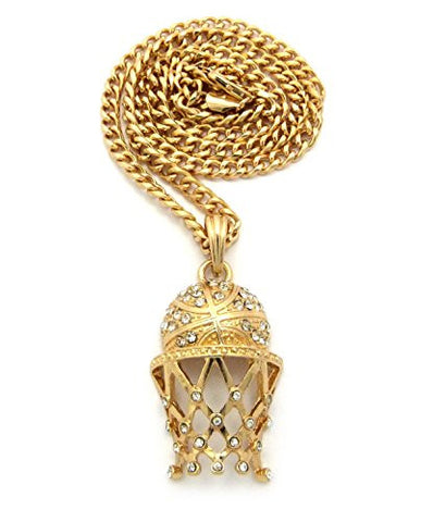 Stone Stud Basketball Net Pendant 5mm 24" Cuban Link Chain Necklace in Gold-Tone