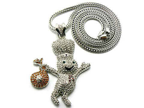 Iced Out Dough Boy Money Bag Pendant 4mm 36" Franco Chain Necklace in Silver-Tone