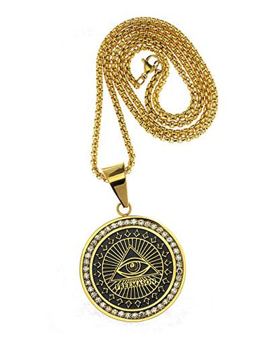 Stone Stud Stainless Steel Triangle with Eye Round Pendant 3mm 24" Box Chain Necklace in Gold-Tone