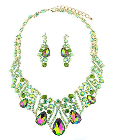 Elegant Teardrop Accent Green Stone Necklace and Earrings Jewelry Set in Gold-Tone