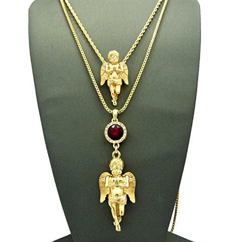 Polished Praying Angels & Faux Ruby Stone Pendant w/ 2mm Multi Chain Necklaces in Gold-Tone