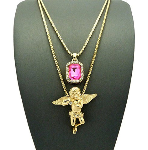 Pave Pink Stone & Solitaire Angel Pendant Set 2mm 24" & 30" Box Chain Necklace in Gold-Tone