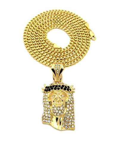 Black Stone Stud Jesus Face Pendant 3mm 30" Diamond Cut Cuban Chain Necklace in Gold-Tone