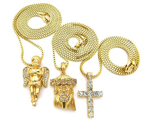 Cherub, Jesus, Cross Rhinestone Piece Set with Box Chain Necklaces