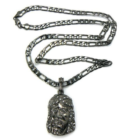 Hematite Tone Jesus Pendant w/ 5mm 24" Figaro Chain MSP102HE