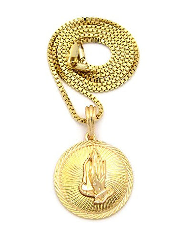 Solid Praying Hands Medallion Pendant w/ 2mm 24" Box Chain Necklace in Gold-Tone