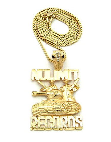 Solid No Limit Records Tank Pendant w/ 2mm 30" Box Chain Necklace in Gold-Tone