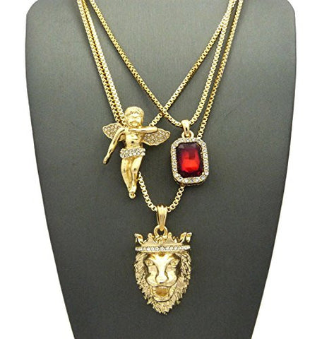 Faux Ruby Stone, Floating Angel & King Lion Pendant Set w/ Multi Length Box Chains in Gold-Tone