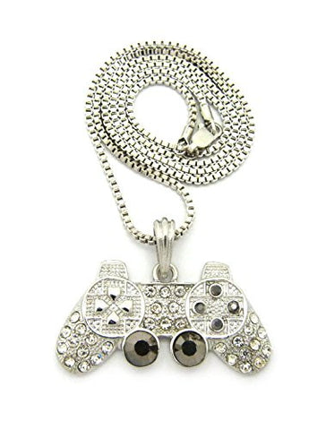 Iced Out Game Controller Micro Pendant w/ 2mm 24" Box Chain Necklace in Silver-Tone