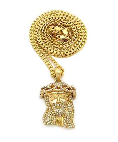 Iced Out Jesus Pendant 3mm 30" Diamond-Cut Cuban Link Chain Necklace in Gold-Tone
