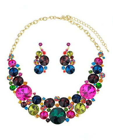 Crystal Ball Accent Round Cut Multicolor Stone Cluster Necklace and Earrings Set