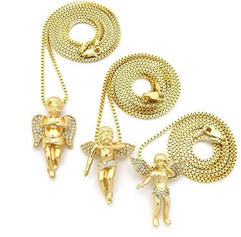 Paved Cherub Angel 3 Piece Rhinestone Pendant Set w/ Multi-Length Box Chains- Gold-Tone RC454G
